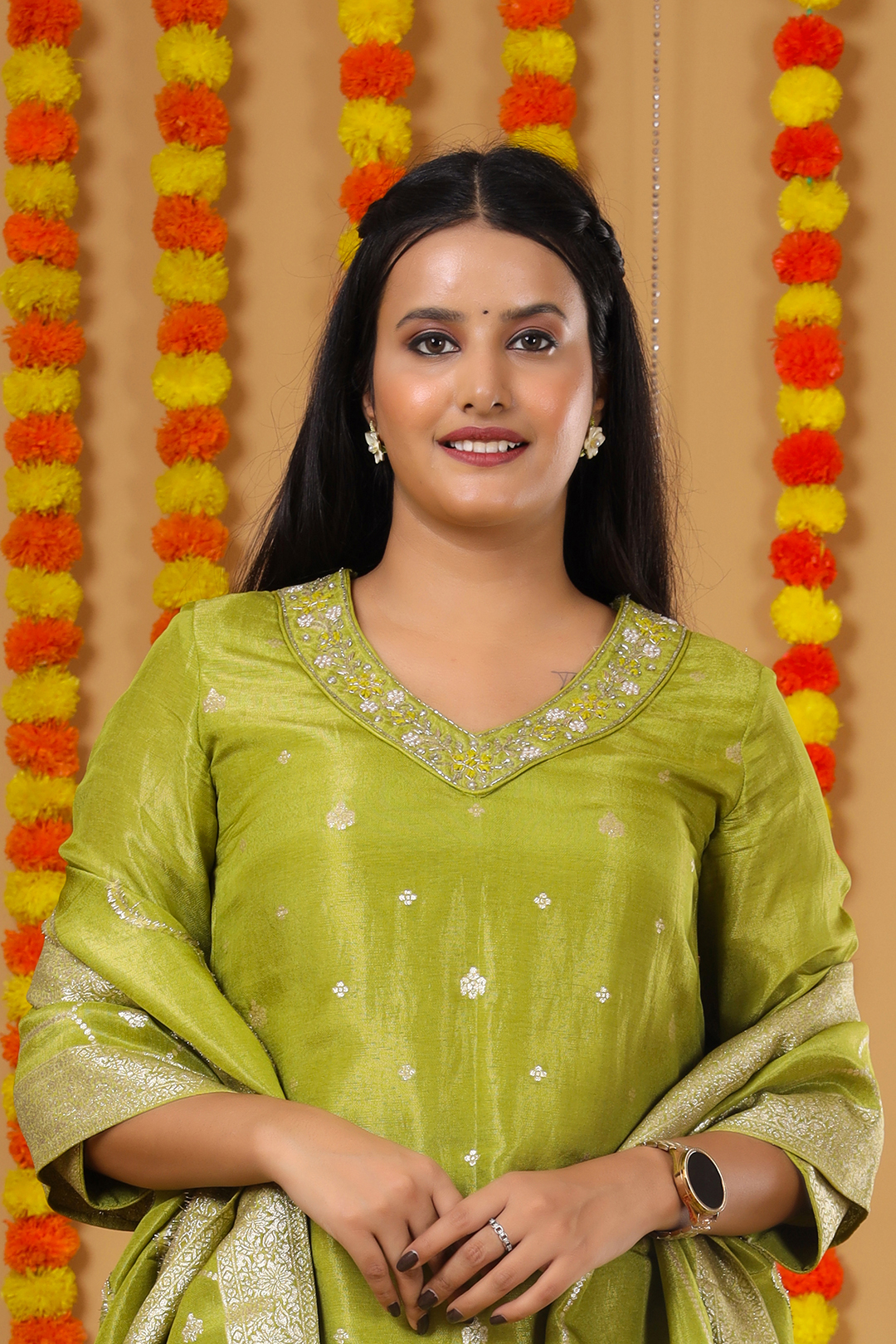 Vglame Apple Green Glamour Viscose Kurta Set with Hand Work & Zari Dupatta
